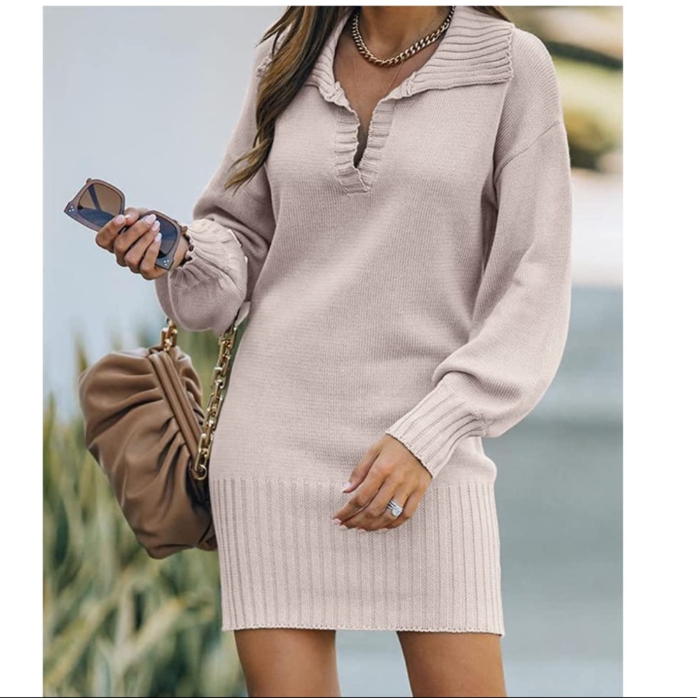 Women's Casual V Neck Collar Knit Mini Tunic Sweater Dress